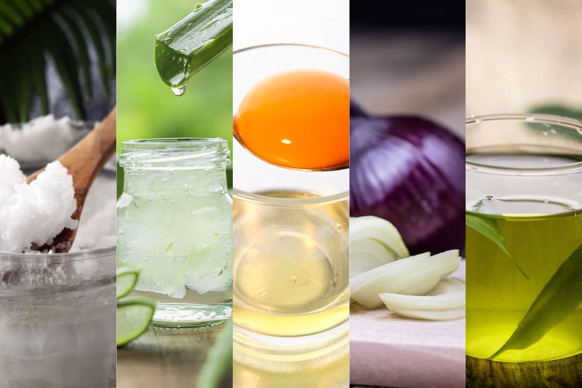 Hausmittel gegen Haarausfall: Fotocollage aus 5 Hausmitteln Kokosöl, Aloe vera, Eiweiß, Zwiebelsaft und grüner Tee