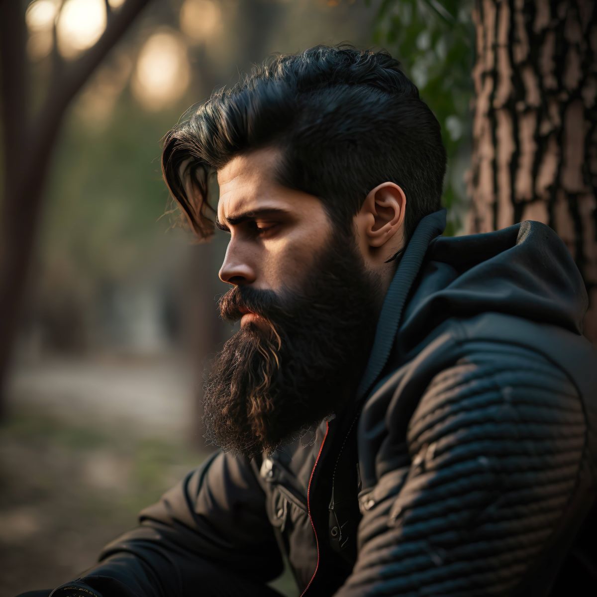 Mann mit Bandholz Bart sitzt im Wald