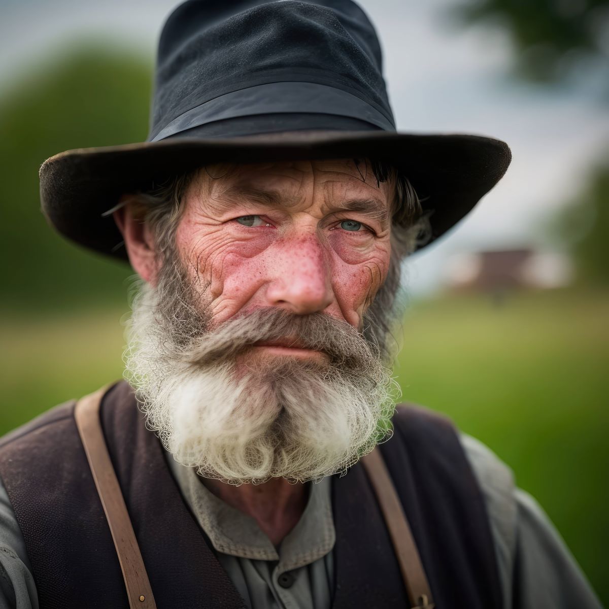 Mann mit Amish-Bart und Hut guckt in die Kamera